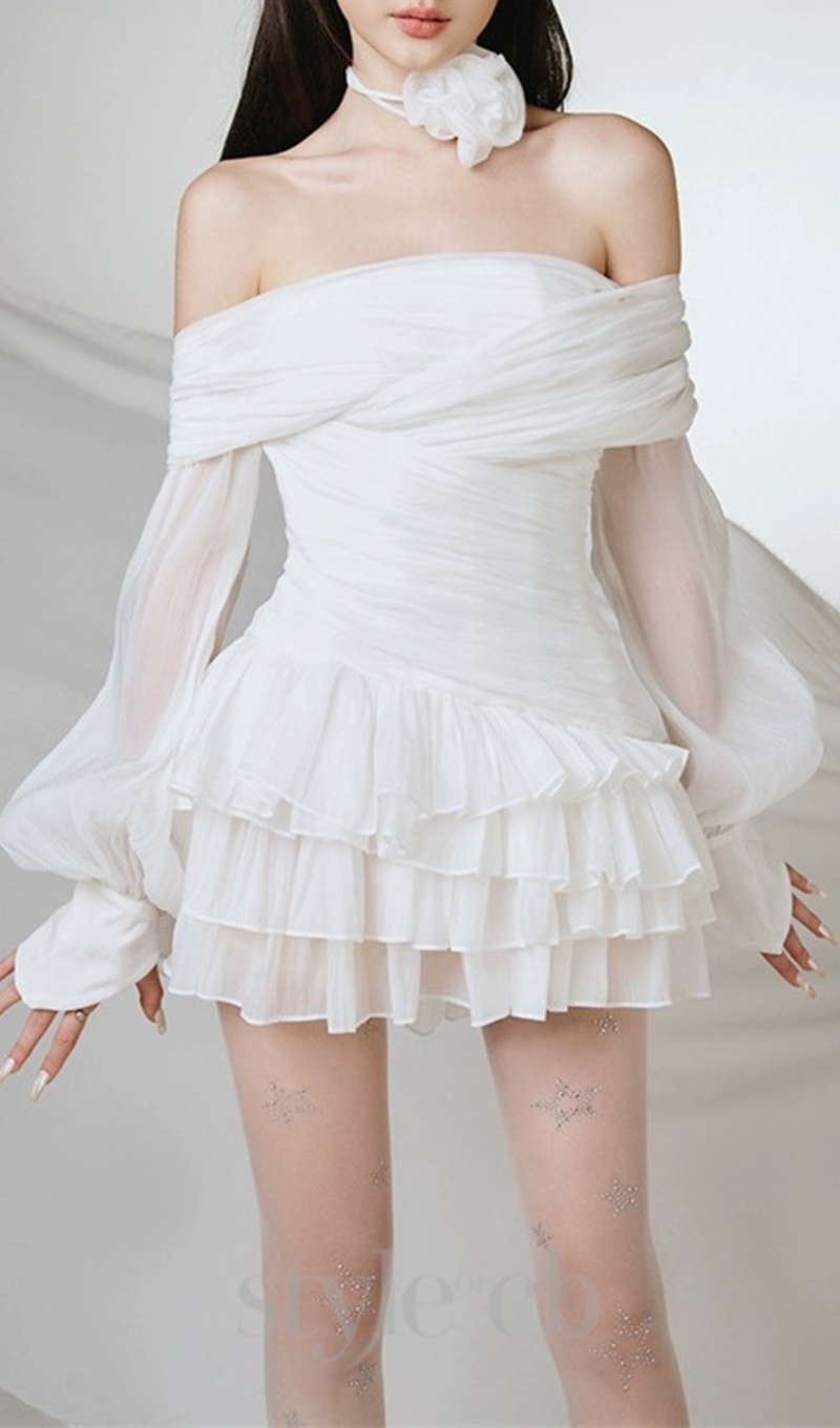 PUFF SLEEVE RUFFLE TRIM MESH CREP DRESS IN WHITE