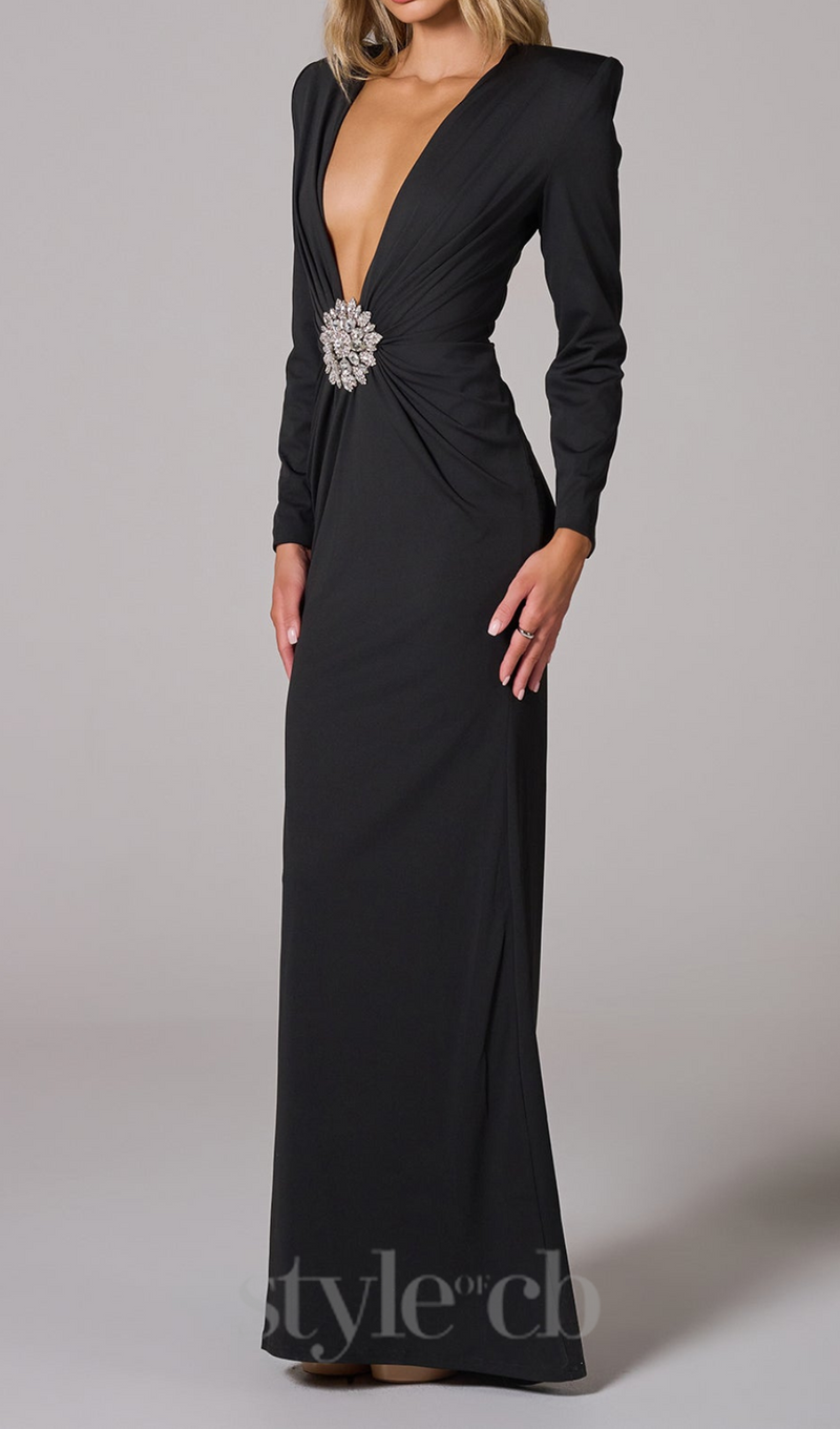 BERNICE LONG SLEEVE DRAPED EMBELLISHED MAXI DRESS IN BLACK