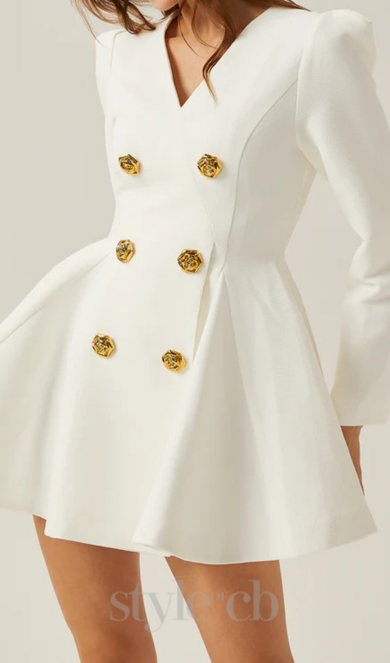 gold-button pleated peplum-hem white  blazer dress