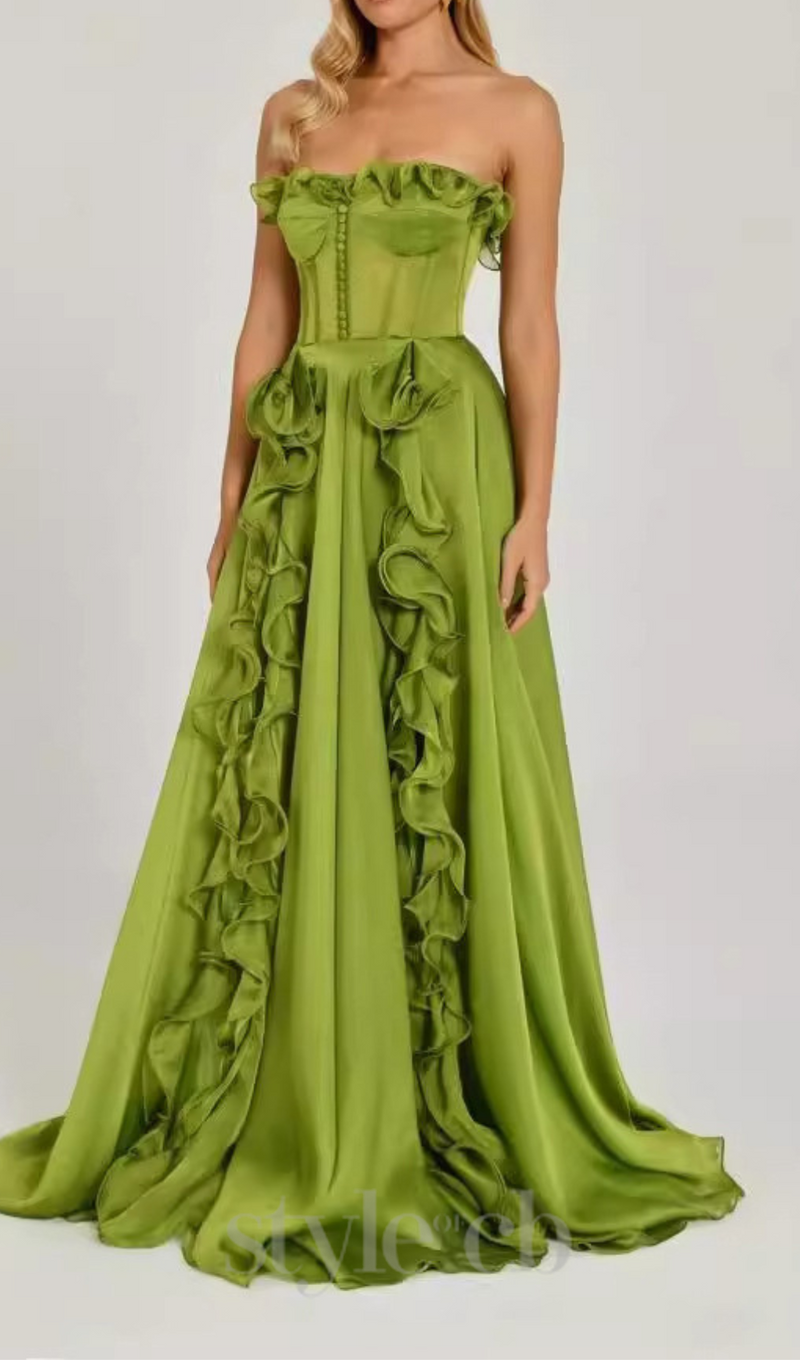 ZONA FRILL SWEETHEART NECK SLEEVELESS MAXI DRESS IN GREEN