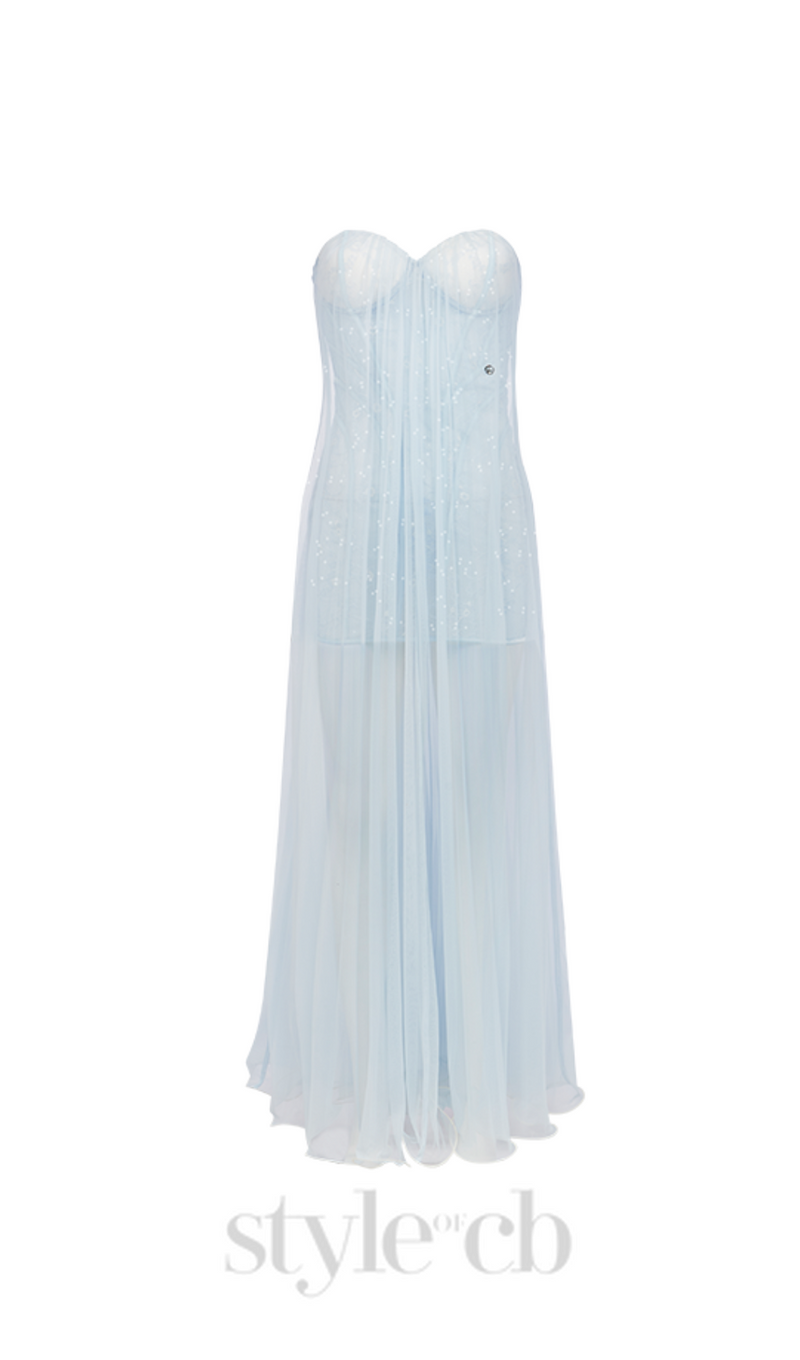 Thea Strapless Mesh Backless maxi Dress in light blue