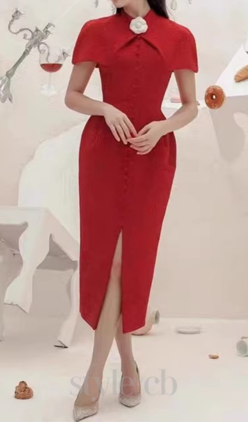 THERA HIGH COLLAR SINGLE BREASTED MIDI DRESS IN RED