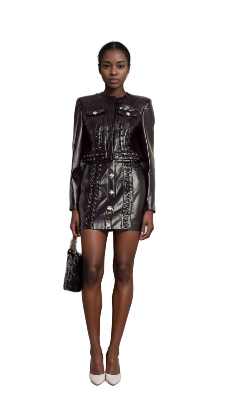 Daphné eyelet-embellished leather jacket & skirt matching set