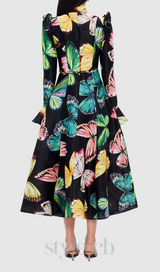 BUTTERFLY SLEEVE PAPILLON PRINT MIDI DRESS IN BLACK