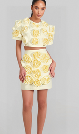 3D FLOWER BUBBLE SLEEVE TOP SKIRT SUIT IN YELLOW