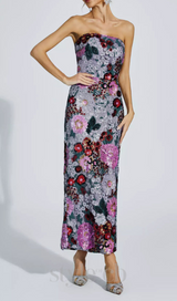 ANGELA MULTICOLOR FLOWER SEQUINS RUFFLED SHOULDER MIDI DRESS