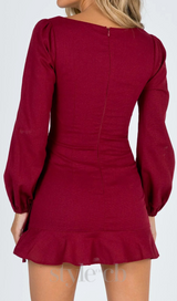 Square neckline mini dress in Burgundy