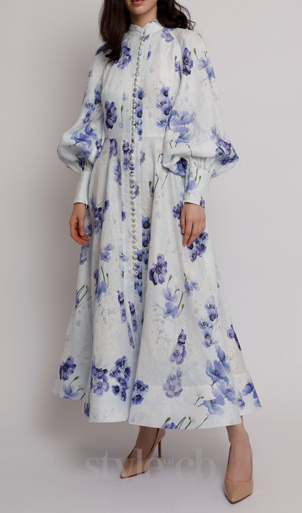 lantern sleeve floral print maxi dress in blue