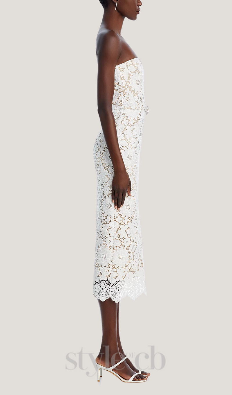 Milette v-neck Lace midi Dress in white