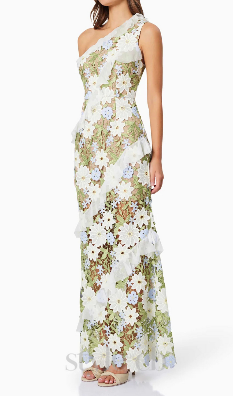 Floral One Shoulder Lace Maxi Dress in Green