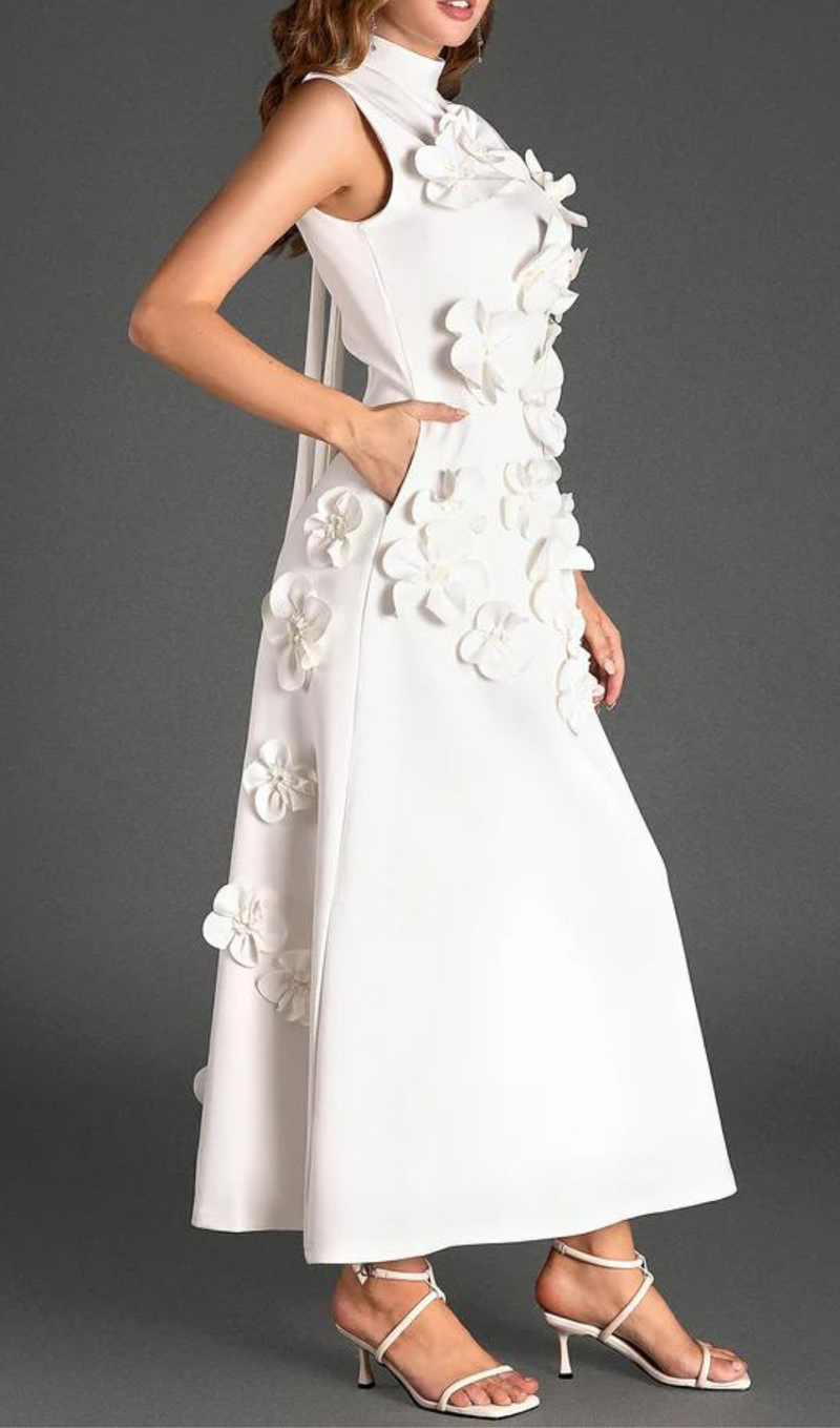 ANNONA WHITE FLOWER EMBELLISHED MAXI DRESS