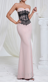 Strapless black Lace Corset Maxi Dress in pink