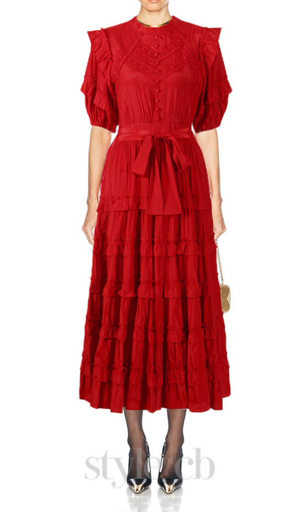 Lace ruffle trim layer midi dress in red