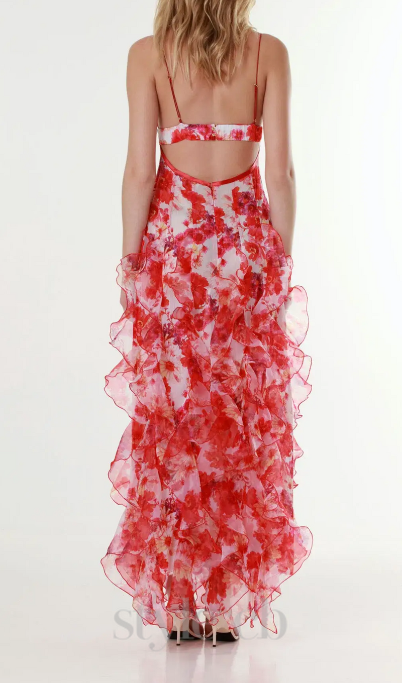 BELINDA RED FLORAL VERTICAL RUFFLE TRIM MAXI DRESS