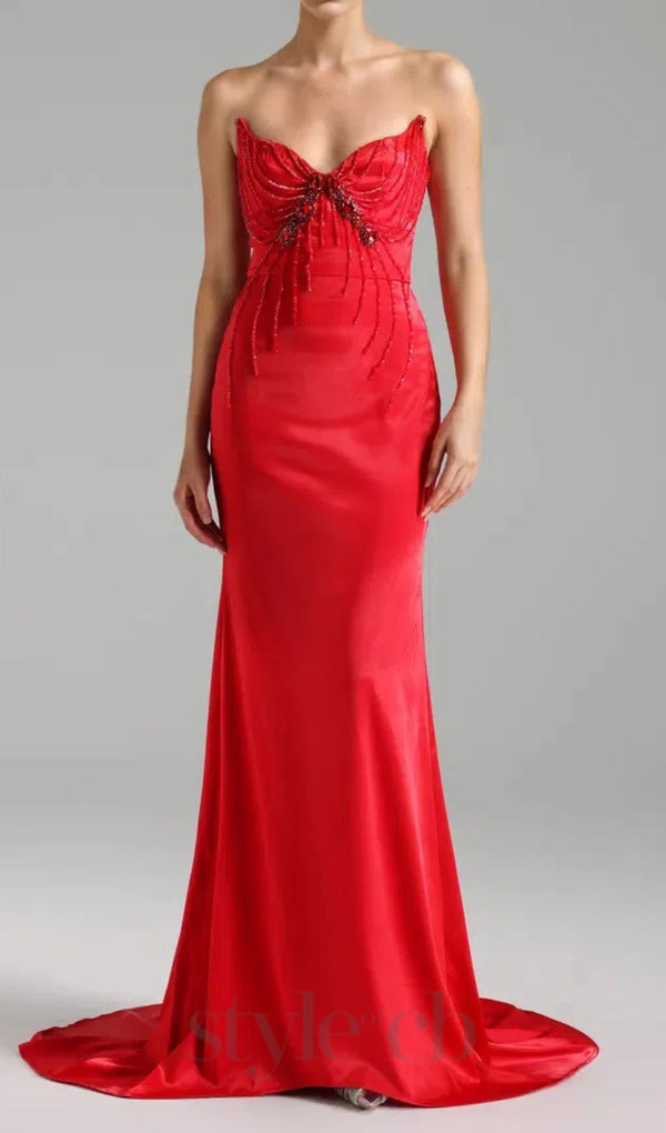 bow embellished strapless maxi dress in red