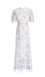 LACE PUFF SLEEVE STAND COLLAR MIDI DRESS IN WHITE