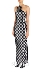 checkerboard sequin halter gown with flower