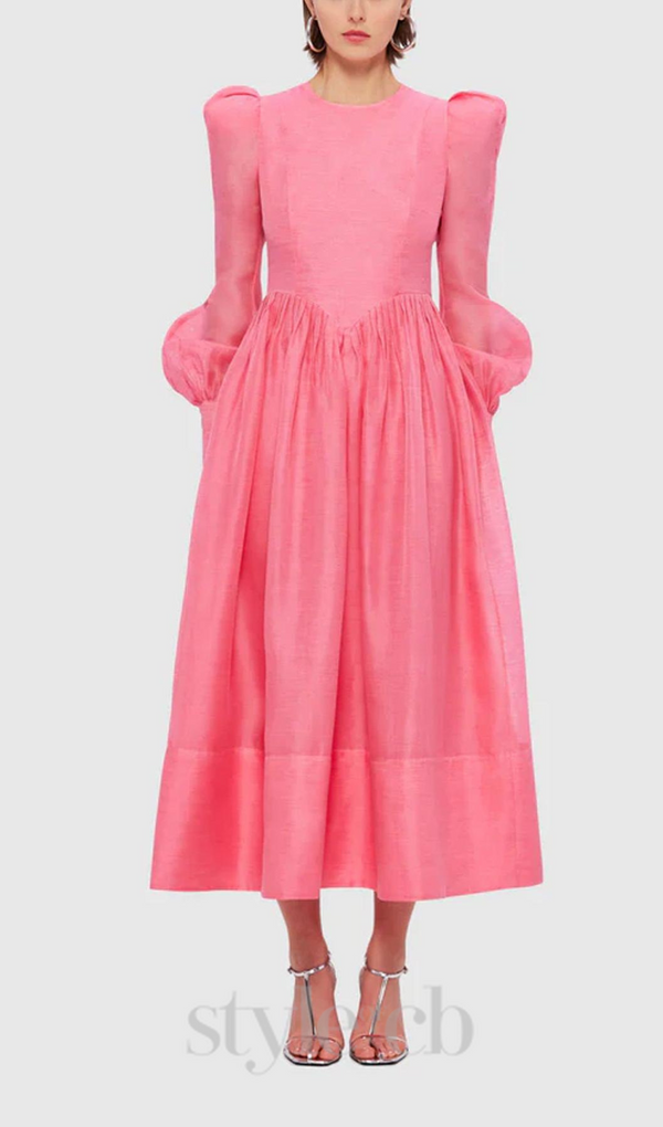 DELIA PINK LANTERN SLEEVE ROUND NECK MIDI DRESS