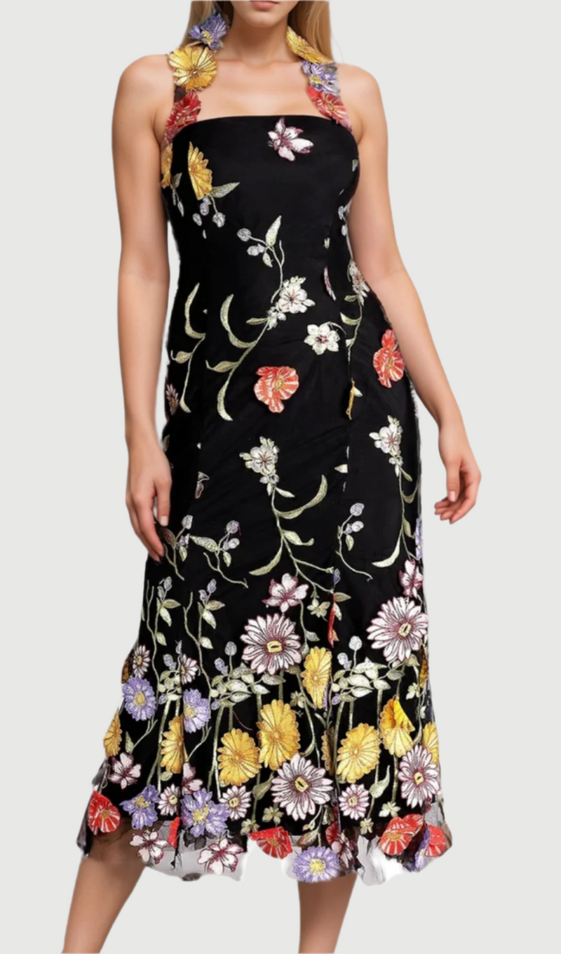 Halter Embroider Floral midi Dress in black