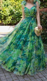 NATIVIDAD FLORAL PRINT TULLE A-LINE GREEN MAXI DRESS