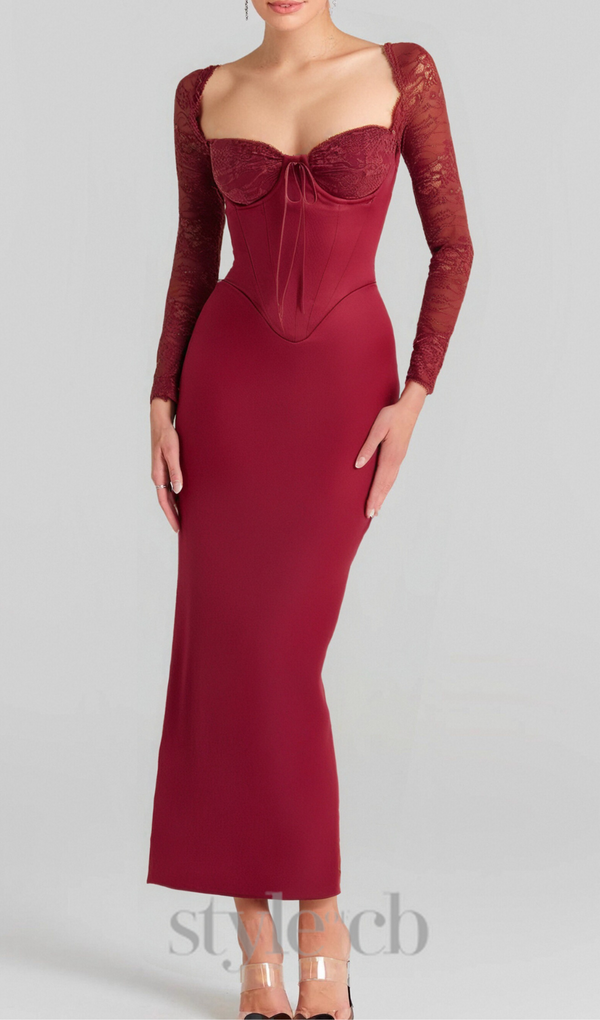 burgundy satin maxi dress with corset