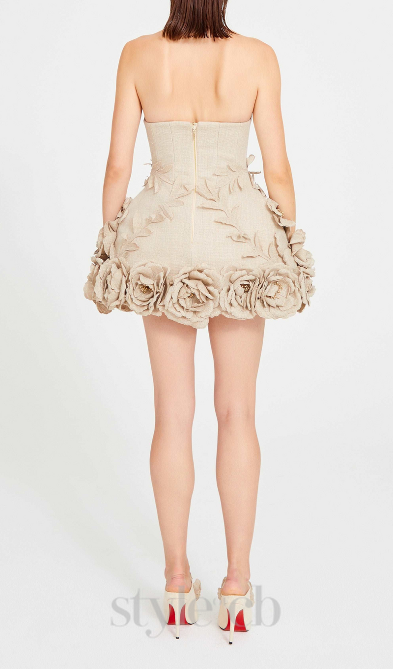 SALOME BEIGE LINEN CORSET FLOWER DETAILS MINI DRESS