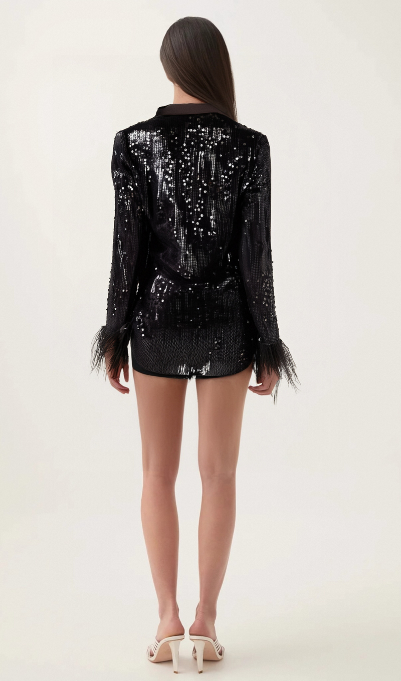 Ariane black feather-trim sequin-embellished blazer