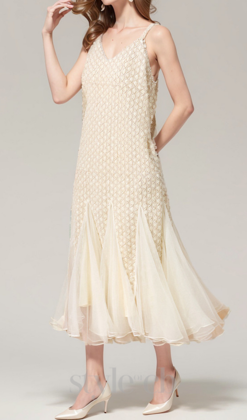 SYLVIA BEIGE EMBROIDERED SPLICING SLEEVELESS MIDI DRESS