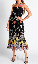 Halter Embroider Floral midi Dress in black