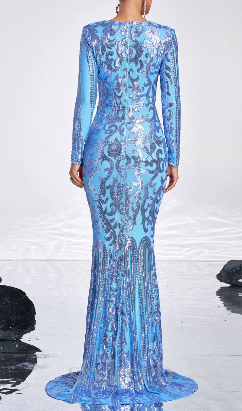 Long Sleeve Sequin maxi Dress in blue