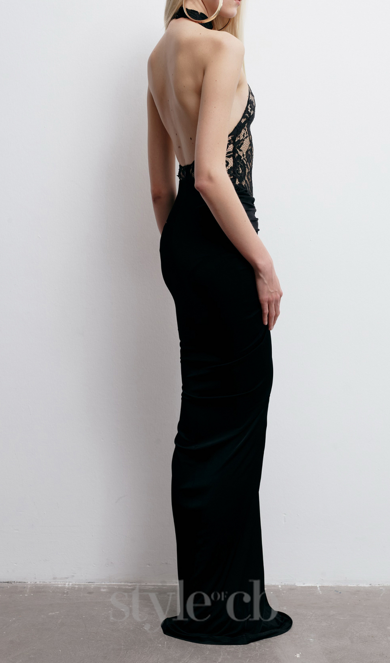 carol black halter maxi dress with lace bodice