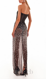 HAZEL CRYSTAL-COVERED STRAPLESS BLACK MAXI DRESS