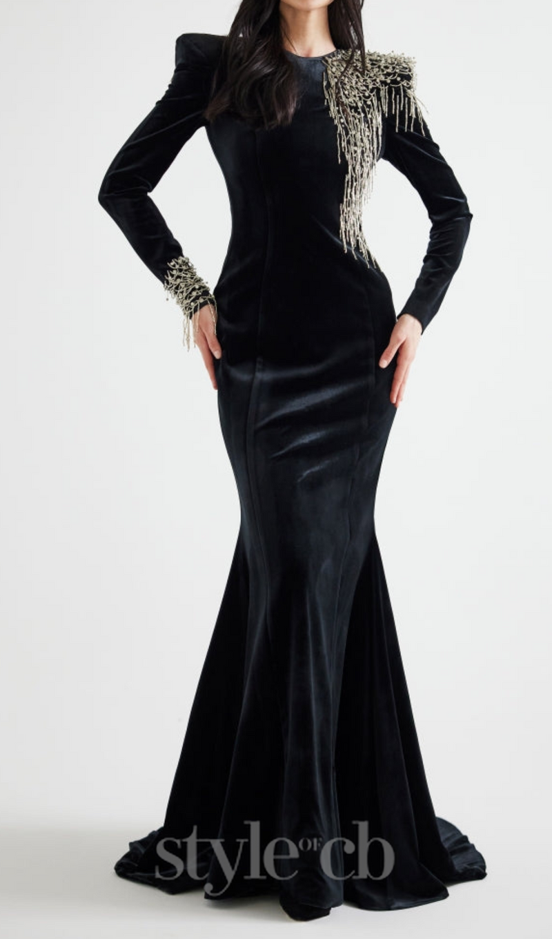 embroidered velvet maxi dress in black