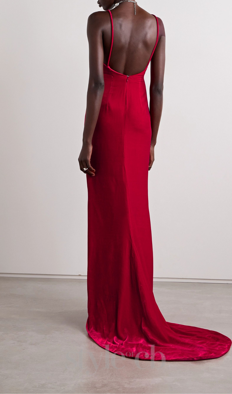 HILDA BOW-EMBELLISHED VELVET GOWN IN RED