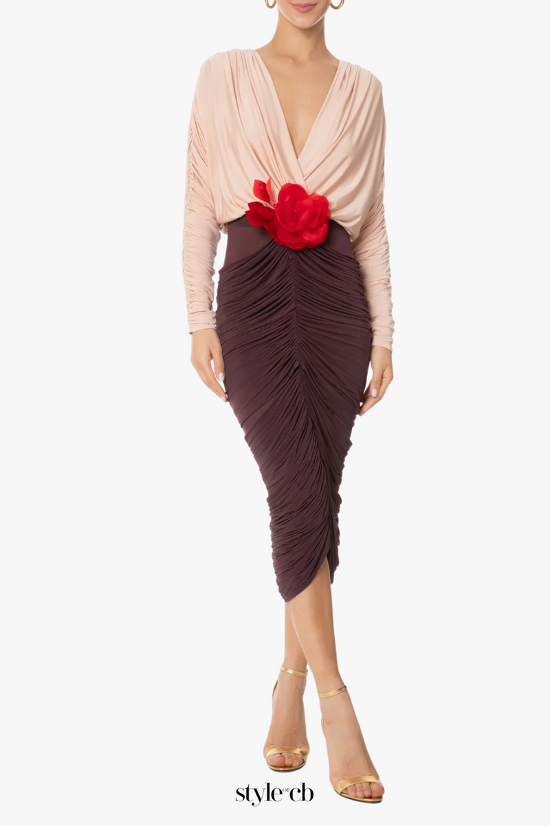 Long Sleeve Two-Tone pleated Midi Dress in Brown