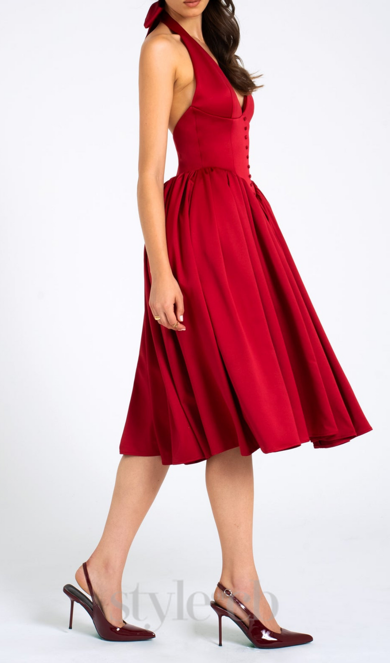 WENDY PLUNGING HALTER BACKLESS MAXI DRESS IN RED