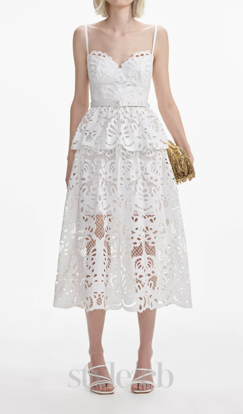 EVELYN CUT OUT LACE LAYERING MIDI DRESS IN WHITE