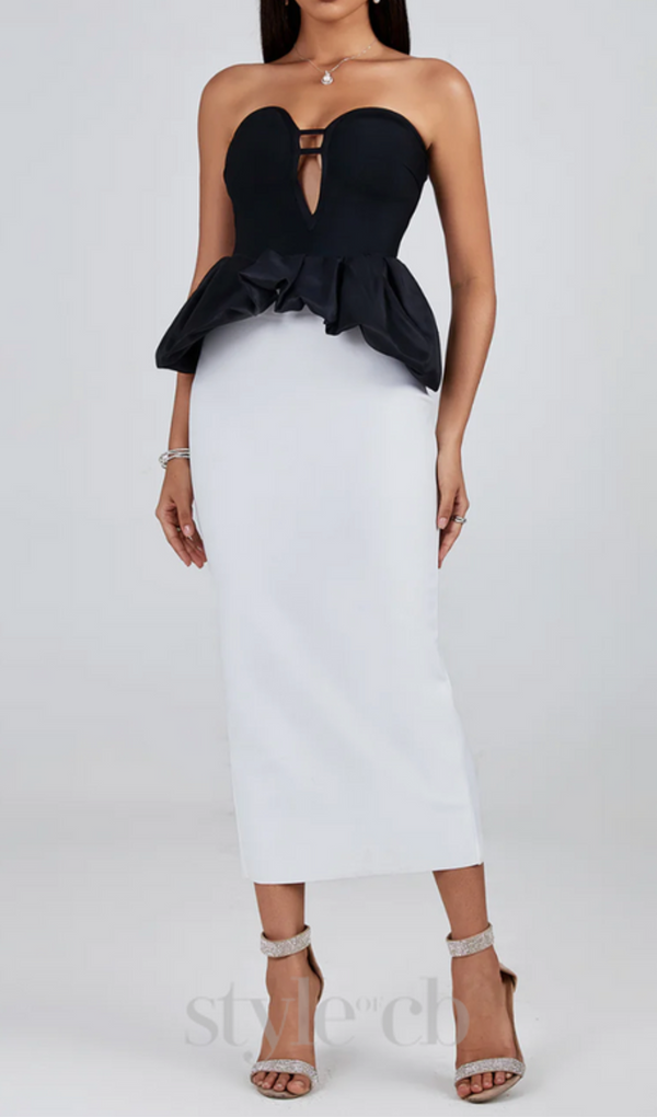 DEBORAH BLACK WHITE STRAPLESS RUFFLE BANDAGE DRESS