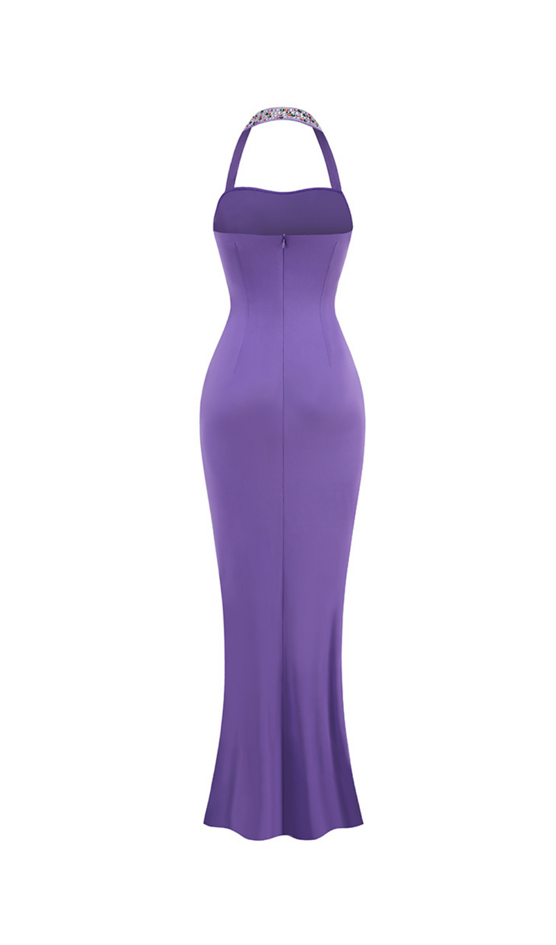 multicolor-pearl embellished purple halter maxi dress