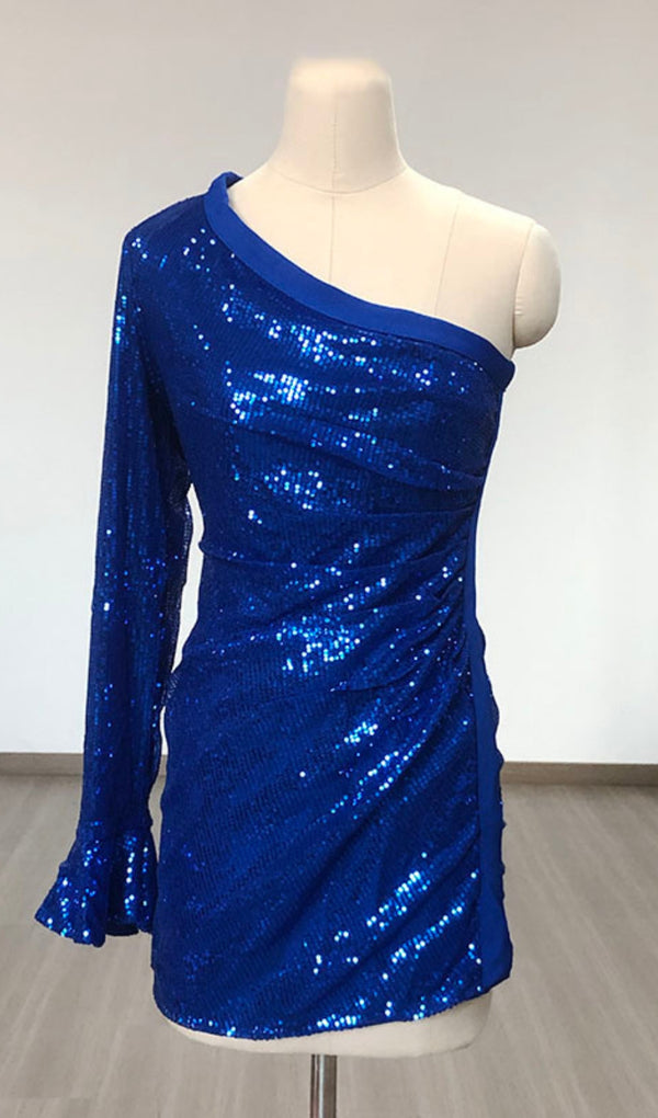 BLUE SEQUIN ONE SHOULDER BODYCON DRESS