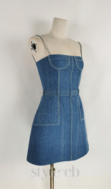 ANDREA DENIM RHINESTONE SUSPENDER MINI DRESS IN BLUE