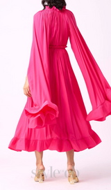 RUFFLE TRIM MAXI DRESS IN ROSE RED