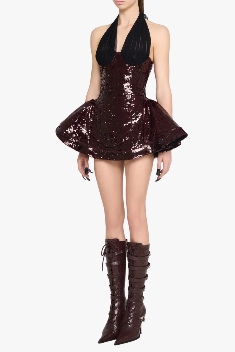 giselle sequin halter mini dress in merlot