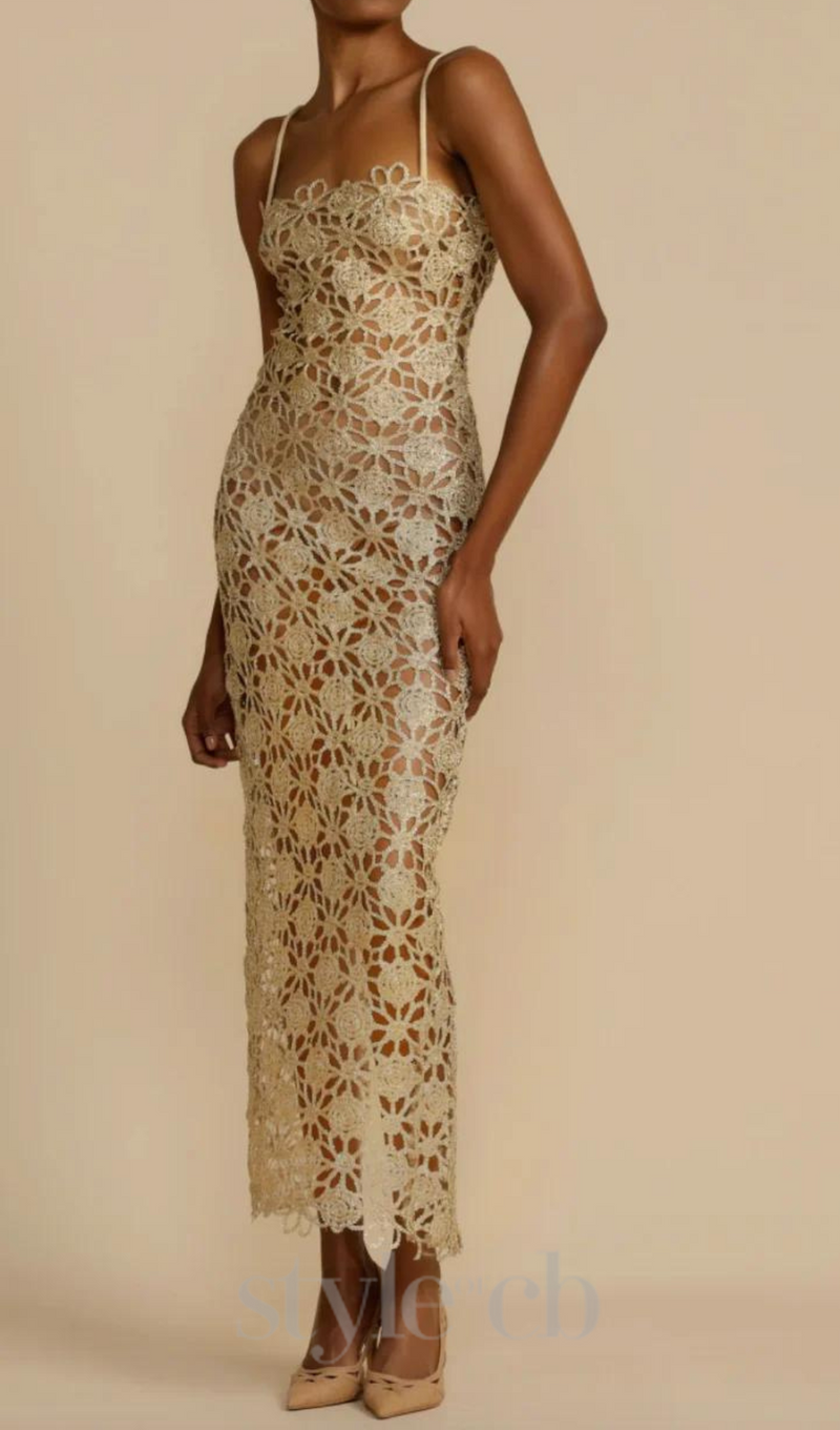 AGNES GOLD LACE CROCHET CUTOUT MIDI DRESS