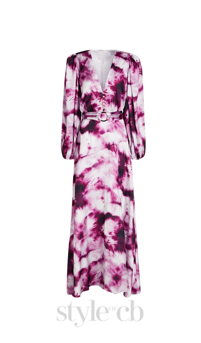 SUSANNA FUCHSIA BELTED TIE-DYED SATIN MAXI DRESS