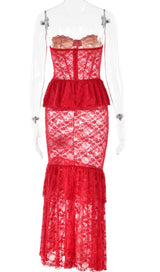 RED STRAPLESS LACE MERMAID DRESS