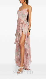 ZORA PINK FLORAL-PRINT RUFFLED SILK MIDI DRESS