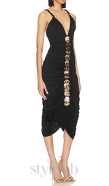 APPHIA METALLIC SEQUIN-EMBELLISHED PLEATED MIDI DRESS IN BLACK