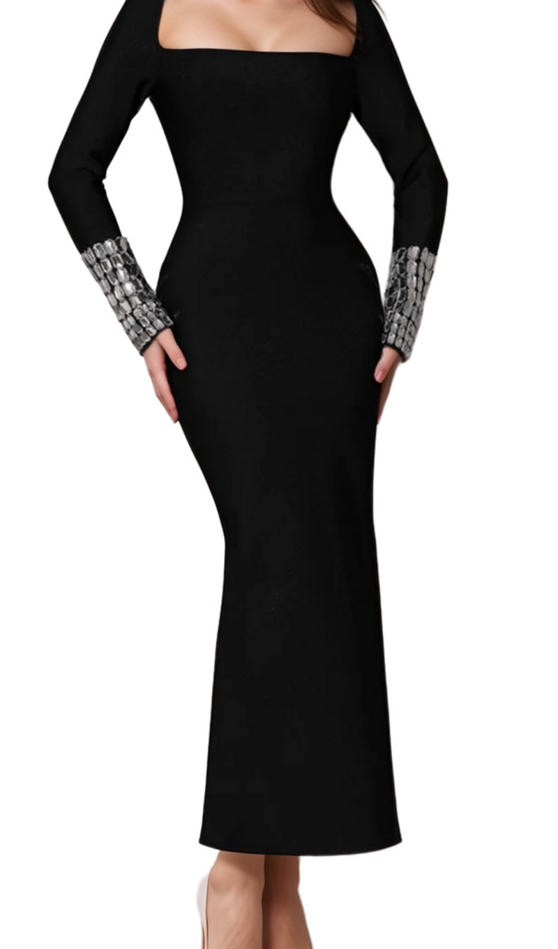 breenda square neck diamond tight bandage maxi dress in black