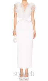 SIBYL FEATHER SLEEVELESS MIDI DRESS IN WHITE